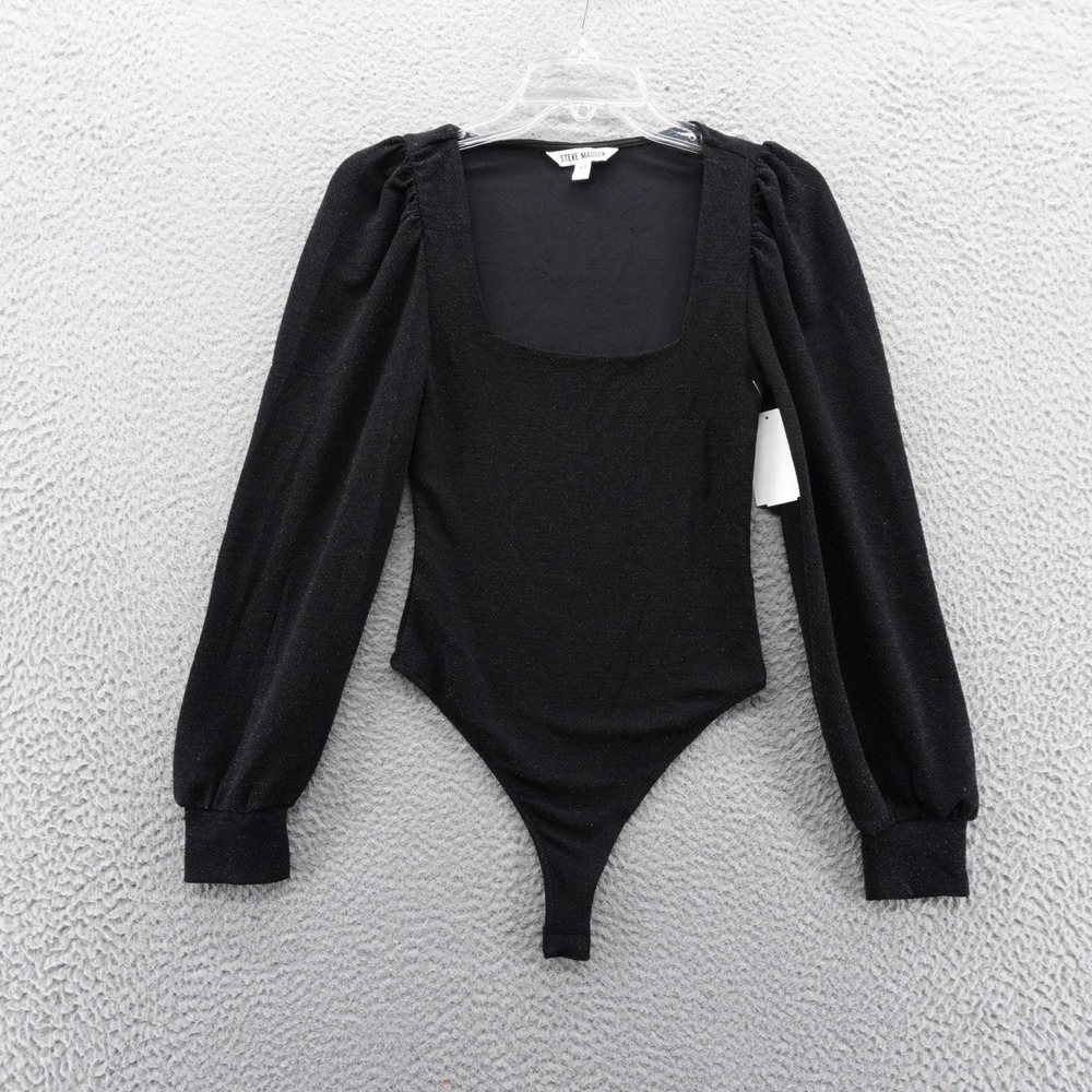 Steve Madden Womens Black Shimmer Puff Sleeve Bodysuit XS NEW
